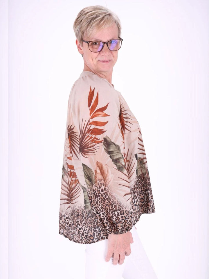 Beiges Damen Blusenshirt mit Dschungel-Allover-Print