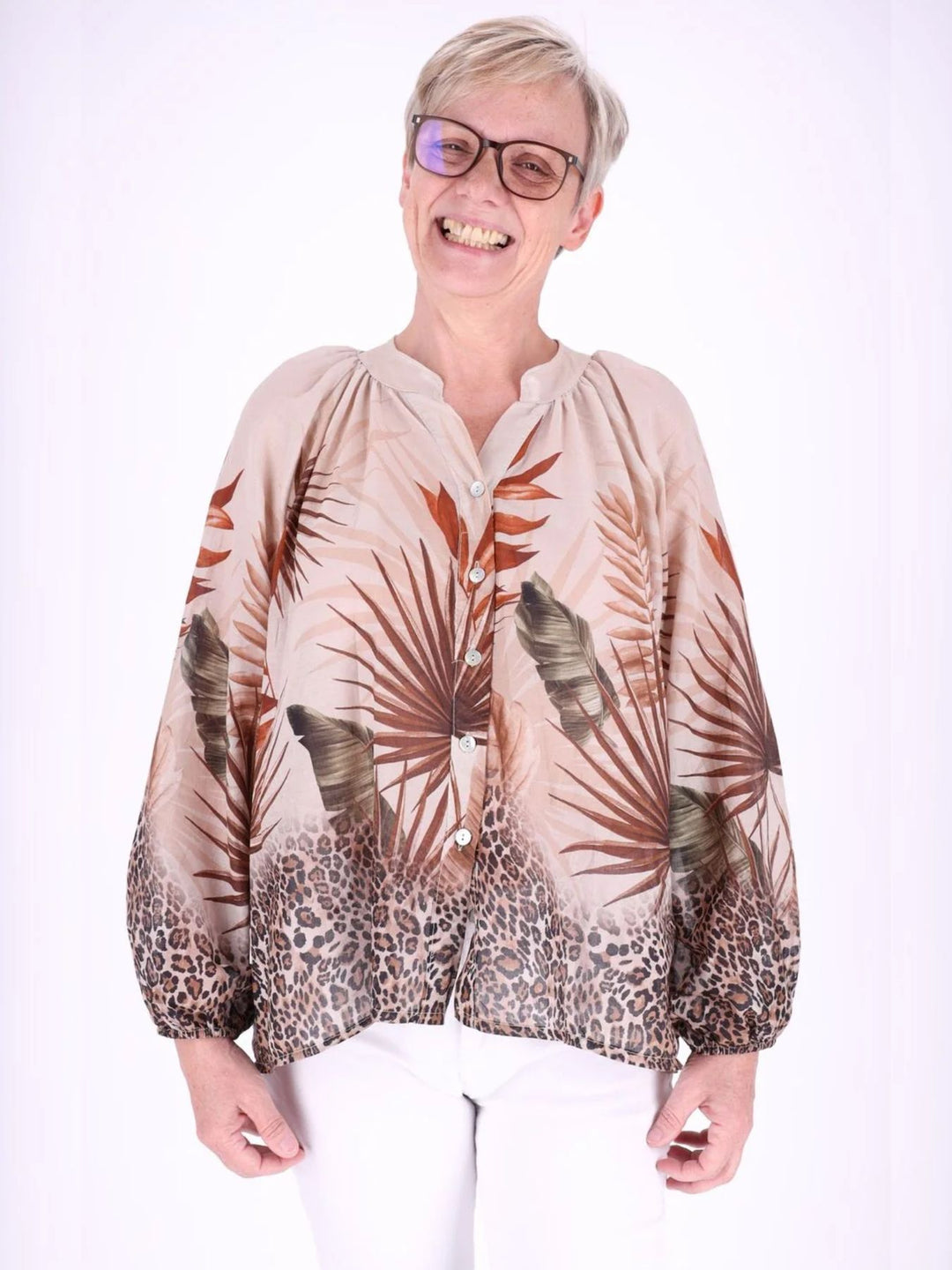Beiges Damen Blusenshirt mit Dschungel-Allover-Print