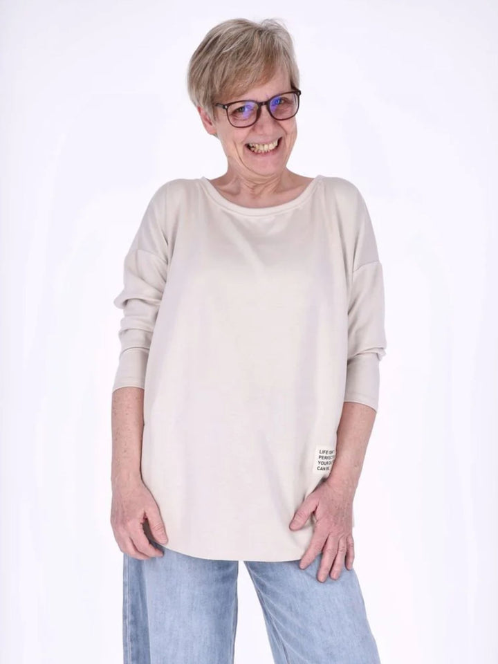 Beiges Damen Longshirt Oversized mit überschnittenen Schultern
