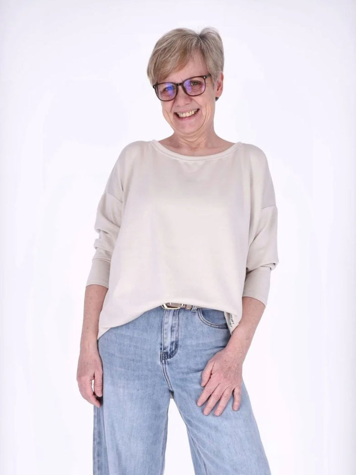 Beiges Damen Longshirt Oversized mit überschnittenen Schultern