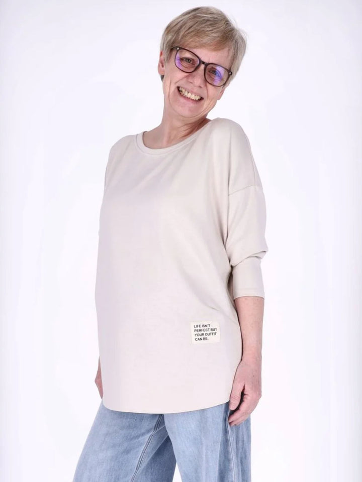 Beiges Damen Longshirt Oversized mit überschnittenen Schultern