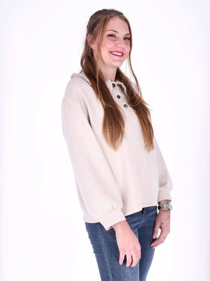Beiges Damen Poloshirt mit Rüschenkragen & Knopfleiste