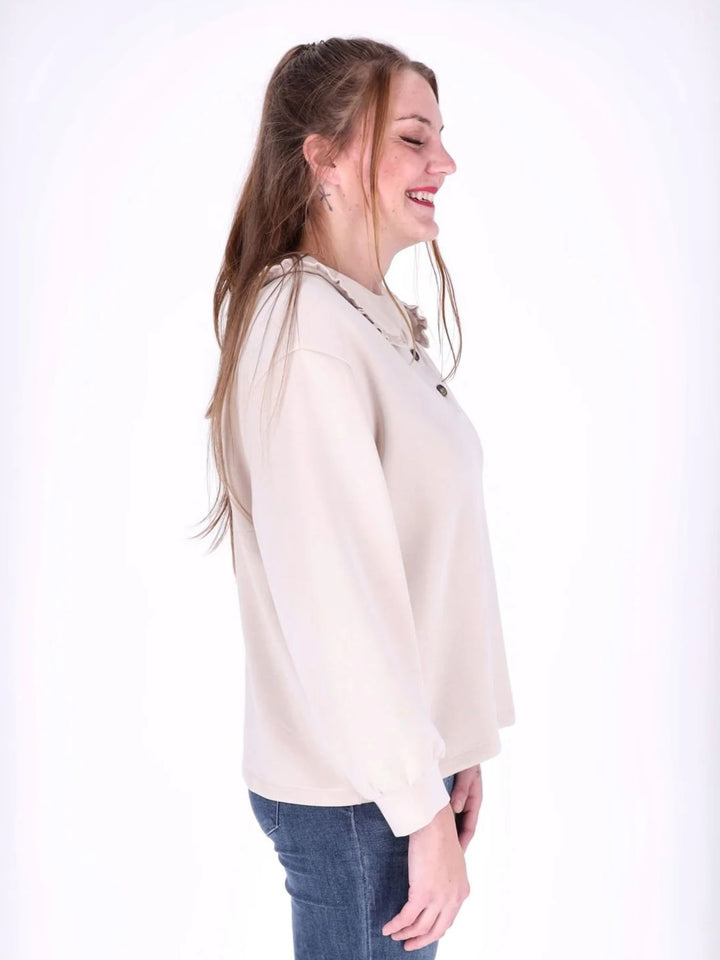 Beiges Damen Poloshirt mit Rüschenkragen & Knopfleiste