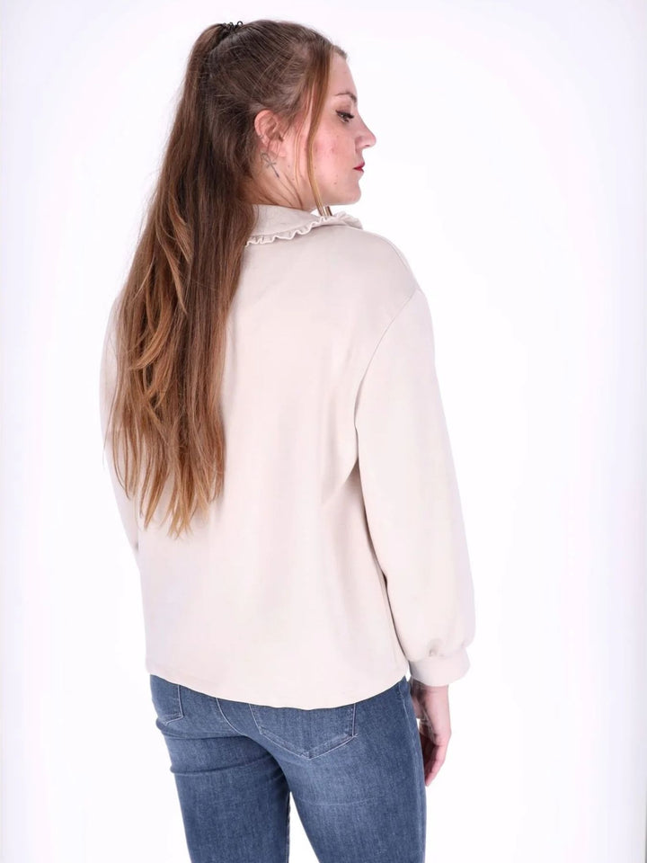 Beiges Damen Poloshirt mit Rüschenkragen & Knopfleiste