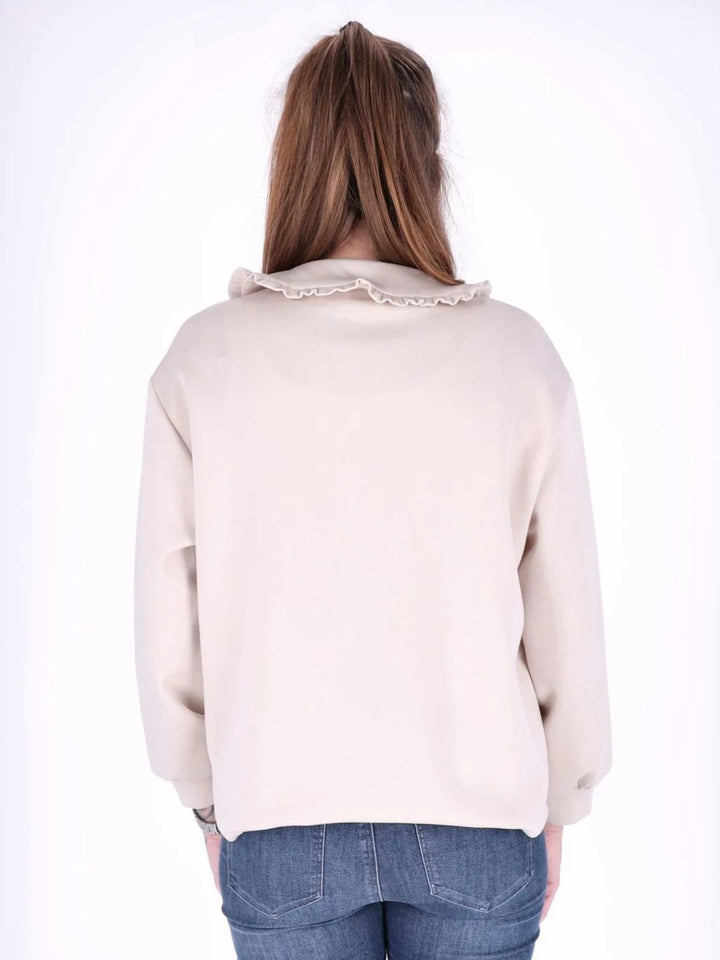 Beiges Damen Poloshirt mit Rüschenkragen & Knopfleiste