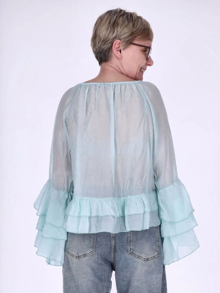 Blaue Damen Blusentunika mit Carmen-Ausschnitt & Trompetenärmeln