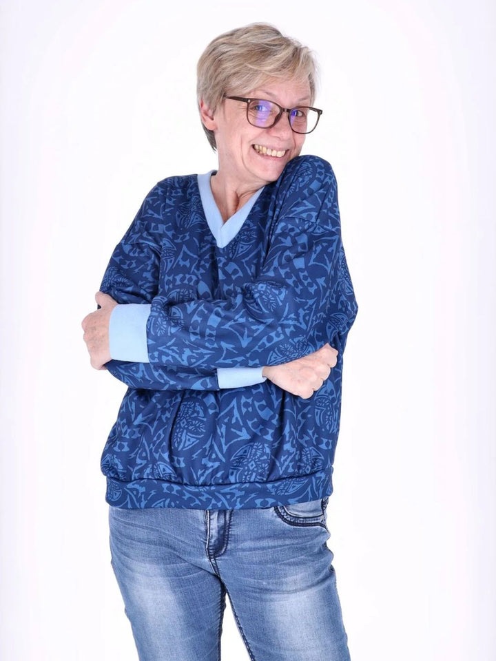 Blaues Damen Sweatshirt mit V-Ausschnitt & Allover-Print