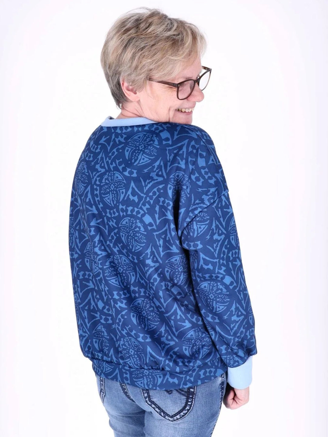 Blaues Damen Sweatshirt mit V-Ausschnitt & Allover-Print