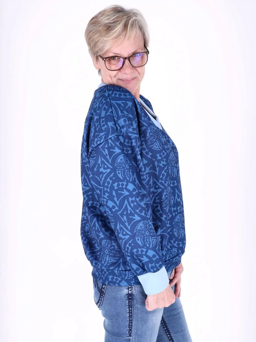 Blaues Damen Sweatshirt mit V-Ausschnitt & Allover-Print
