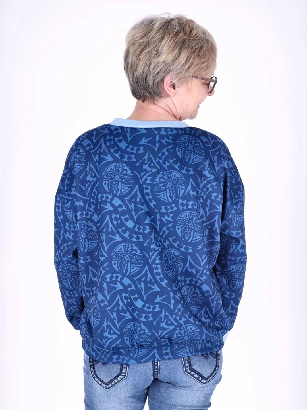 Blaues Damen Sweatshirt mit V-Ausschnitt & Allover-Print