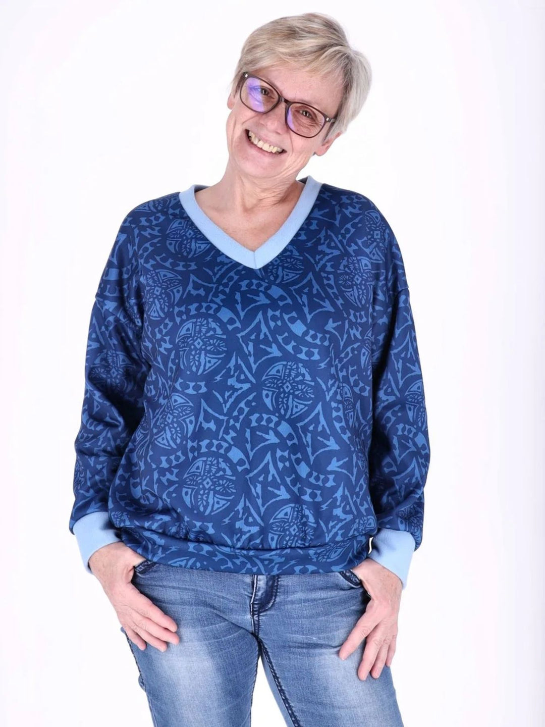 Blaues Damen Sweatshirt mit V-Ausschnitt & Allover-Print