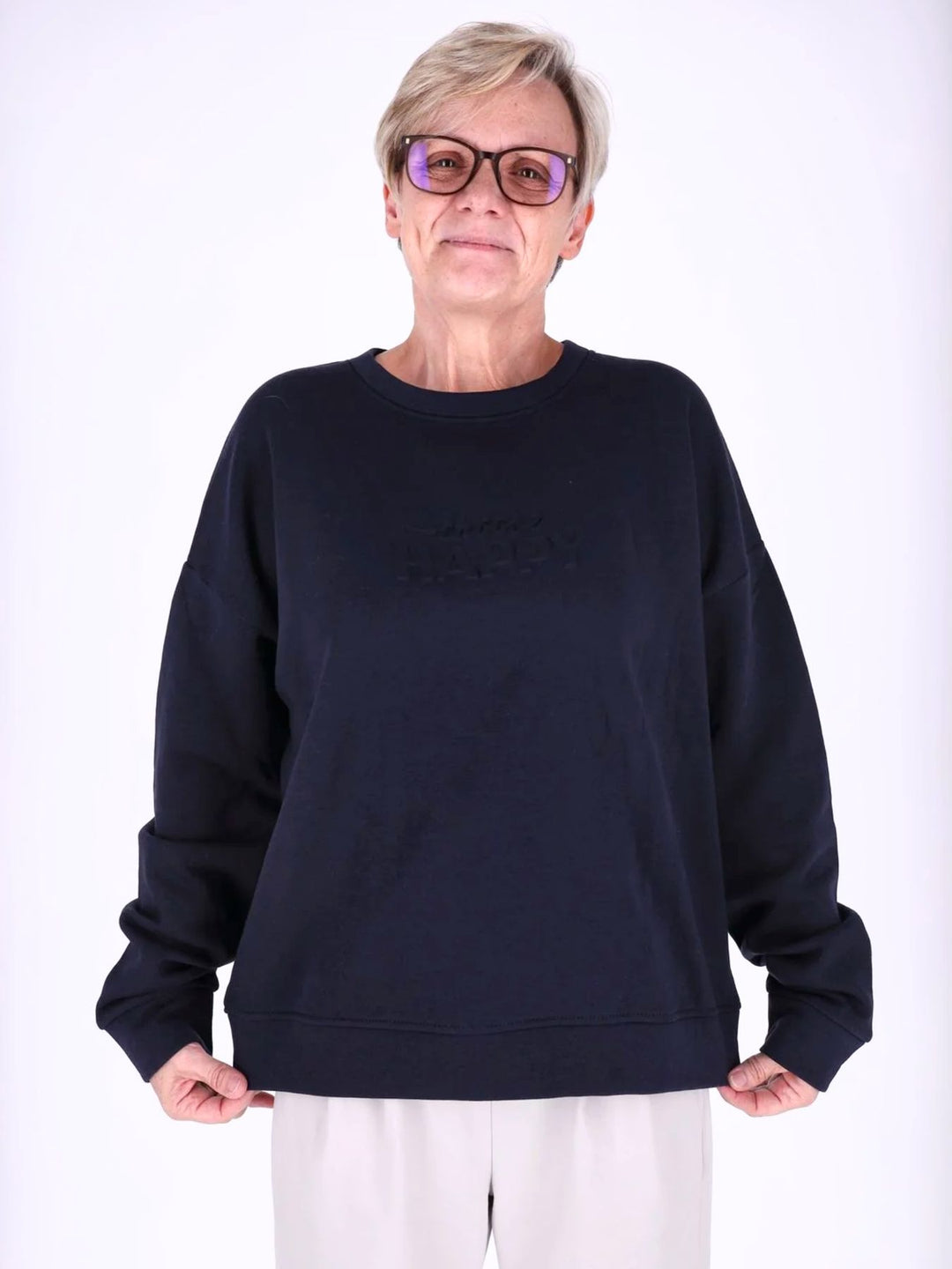 Dunkelblaues Damen Sweatshirt „Choose Happy“ mit 3D-Print