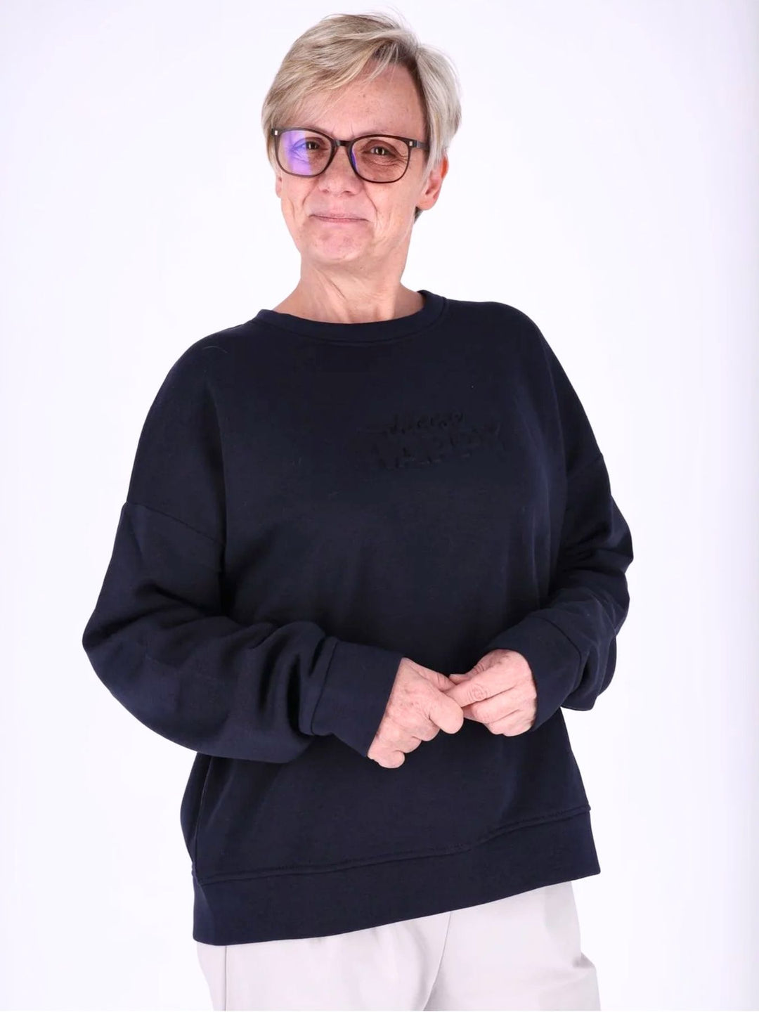 Dunkelblaues Damen Sweatshirt „Choose Happy“ mit 3D-Print