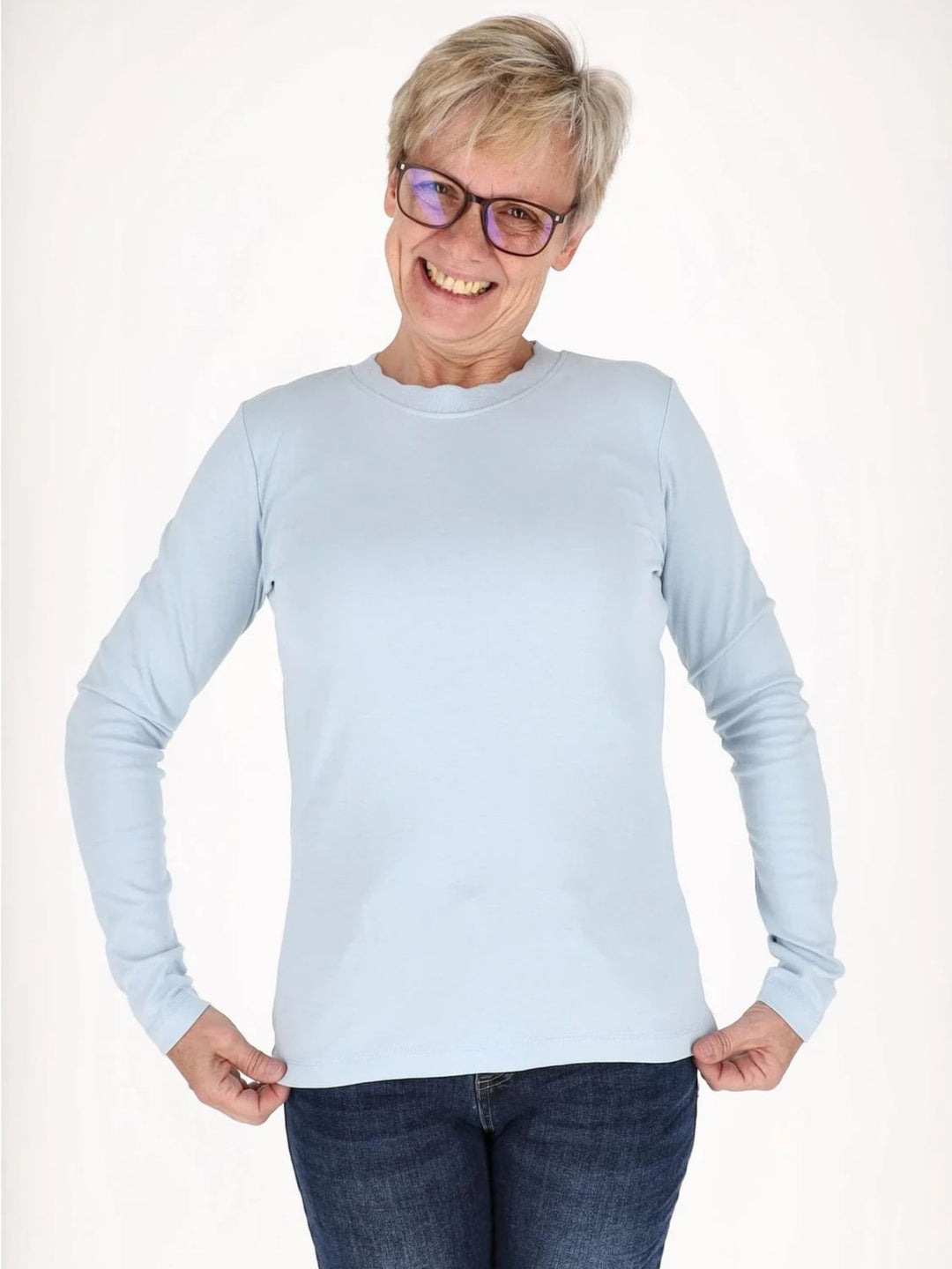 Blaues Damen Shirt mit 3/4-Arm & gewelltem Halsausschnitt