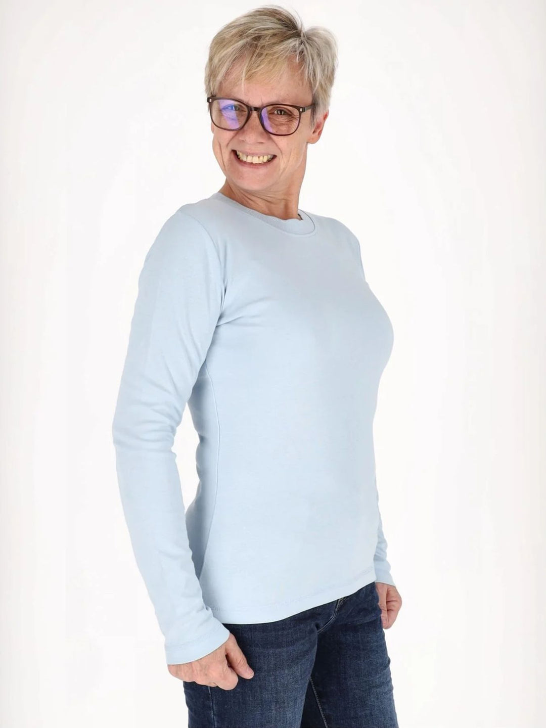 Blaues Damen Shirt mit 3/4-Arm & gewelltem Halsausschnitt