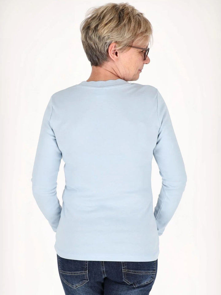 Blaues Damen Shirt mit 3/4-Arm & gewelltem Halsausschnitt
