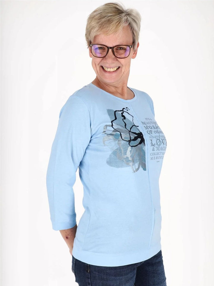 Blaues Damen Shirt mit 3/4-Arm, V-Ausschnitt & Wabenmuster