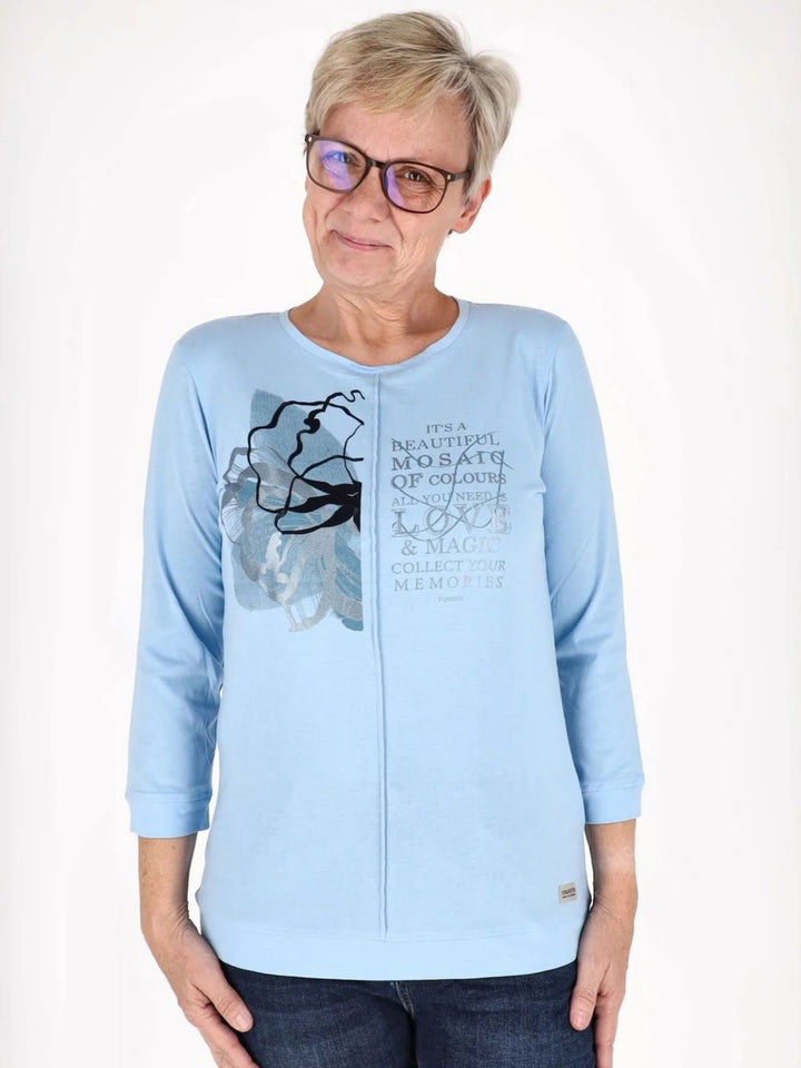 Blaues Damen Shirt mit 3/4-Arm, V-Ausschnitt & Wabenmuster