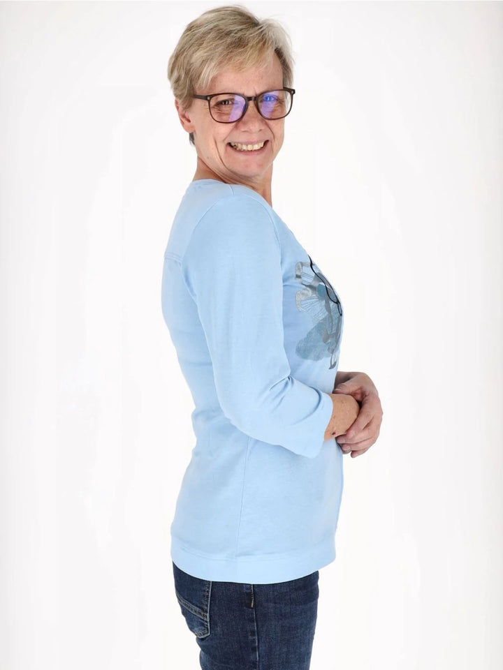 Blaues Damen Shirt mit 3/4-Arm, V-Ausschnitt & Wabenmuster