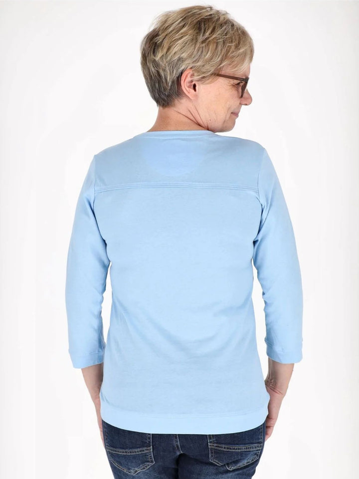 Blaues Damen Shirt mit 3/4-Arm, V-Ausschnitt & Wabenmuster