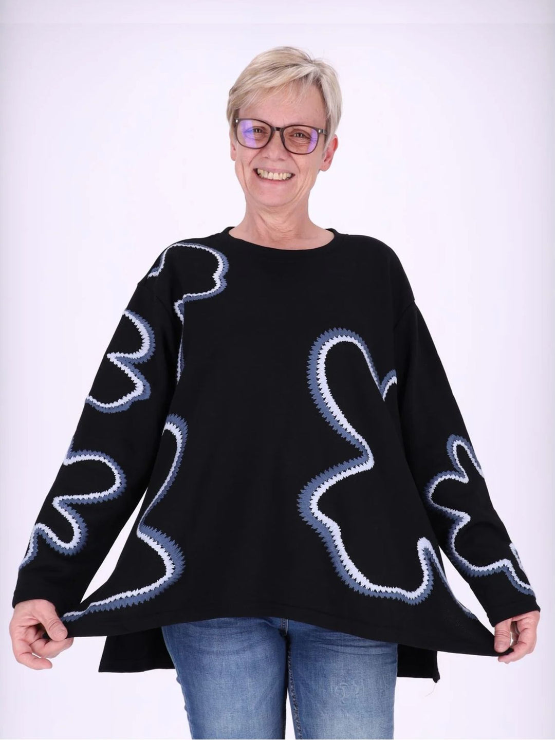Blau gestreiftes Damen Sweatshirt mit Blüten-Stickerei