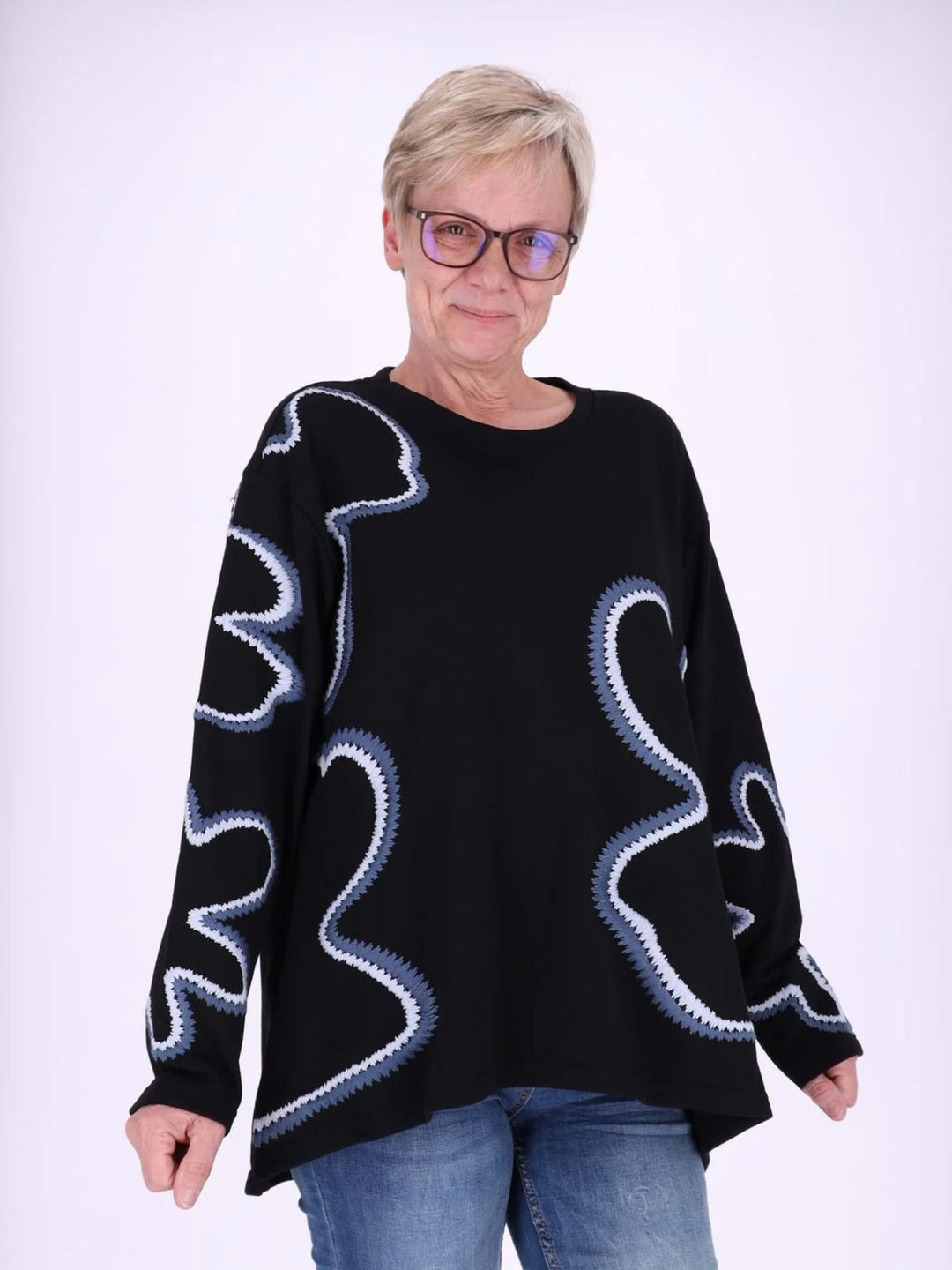 Blau gestreiftes Damen Sweatshirt mit Blüten-Stickerei