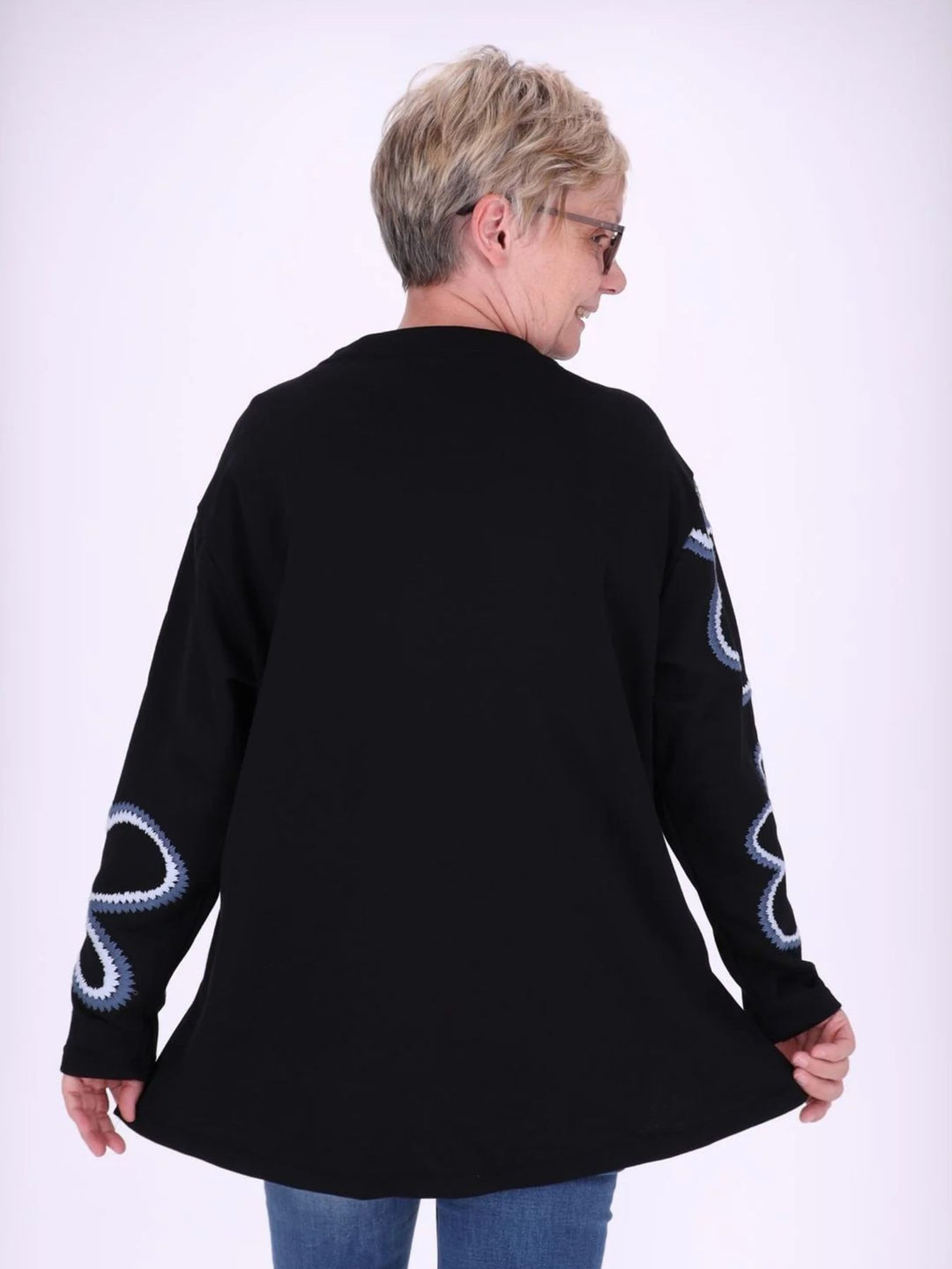 Blau gestreiftes Damen Sweatshirt mit Blüten-Stickerei
