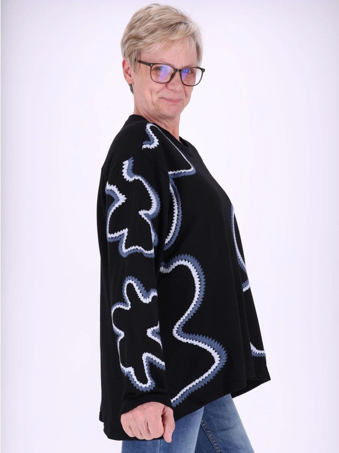 Blau gestreiftes Damen Sweatshirt mit Blüten-Stickerei