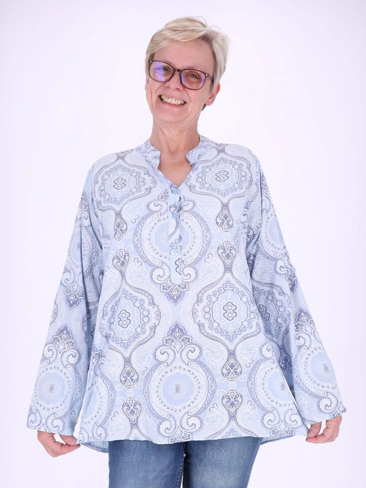 Blaues Damen Blusenshirt mit V-Ausschnitt & Knopfleiste