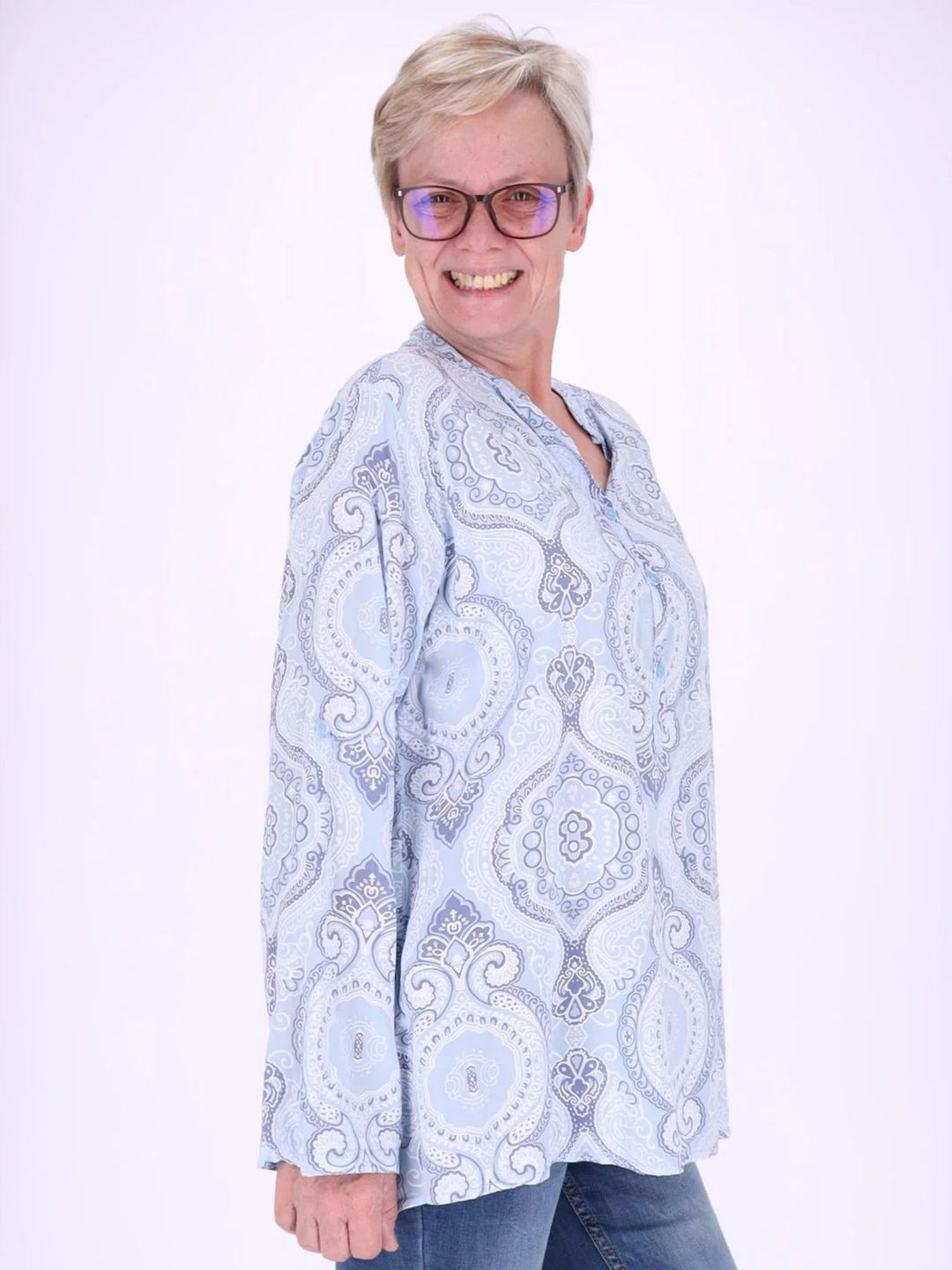 Blaues Damen Blusenshirt mit V-Ausschnitt & Knopfleiste