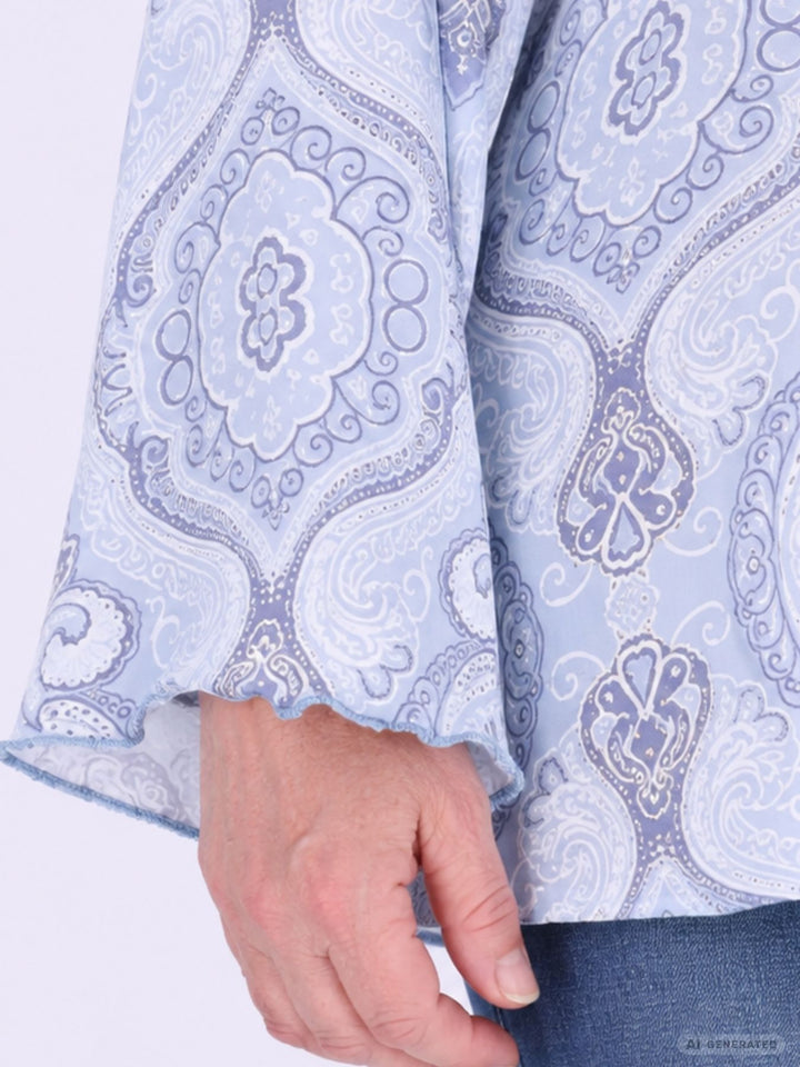 Blaues Damen Blusenshirt mit V-Ausschnitt & Knopfleiste