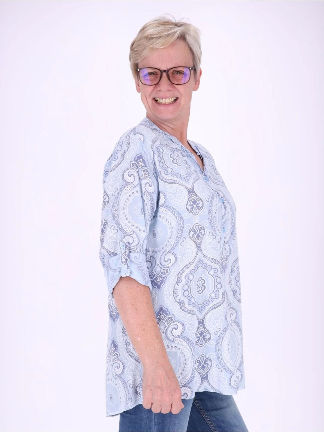 Blaues Damen Blusenshirt mit V-Ausschnitt & Knopfleiste