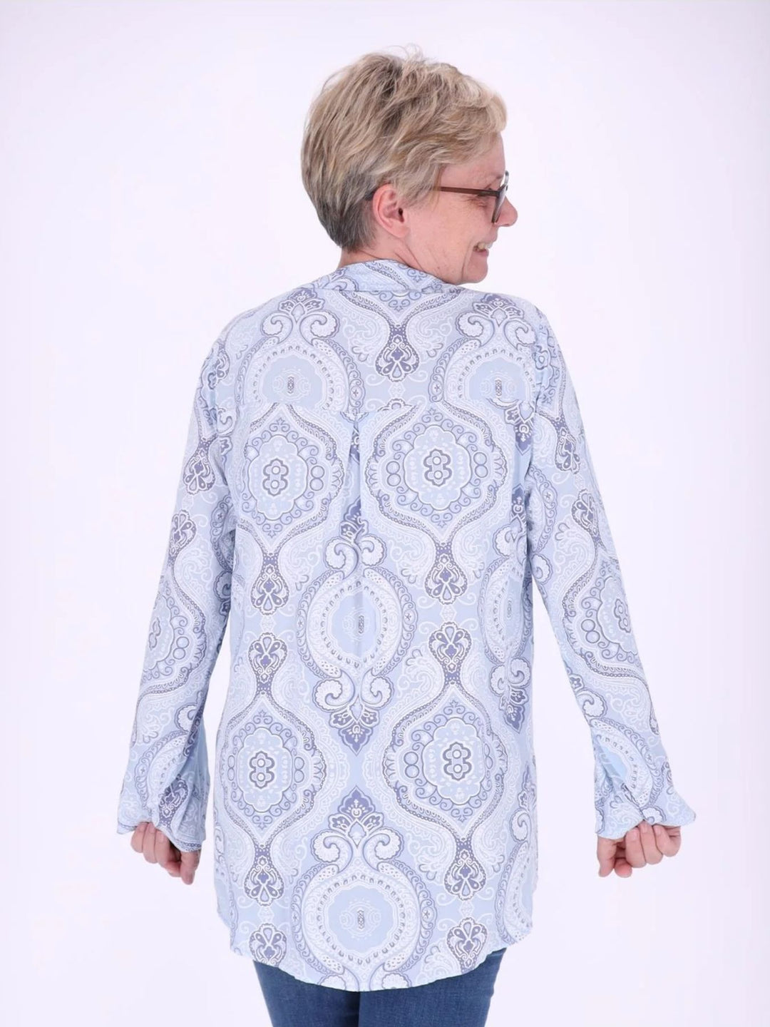 Blaues Damen Blusenshirt mit V-Ausschnitt & Knopfleiste
