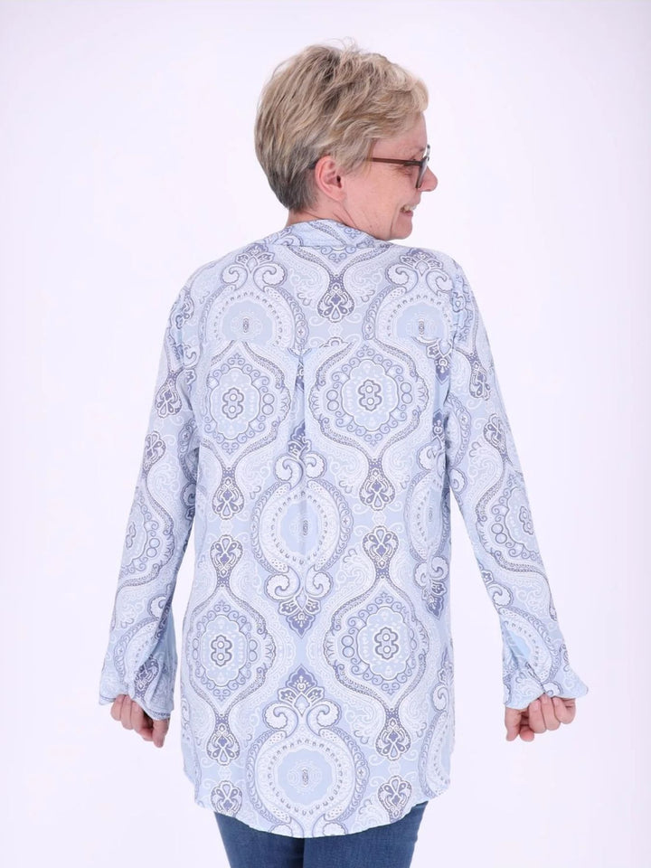 Blaues Damen Blusenshirt mit V-Ausschnitt & Knopfleiste