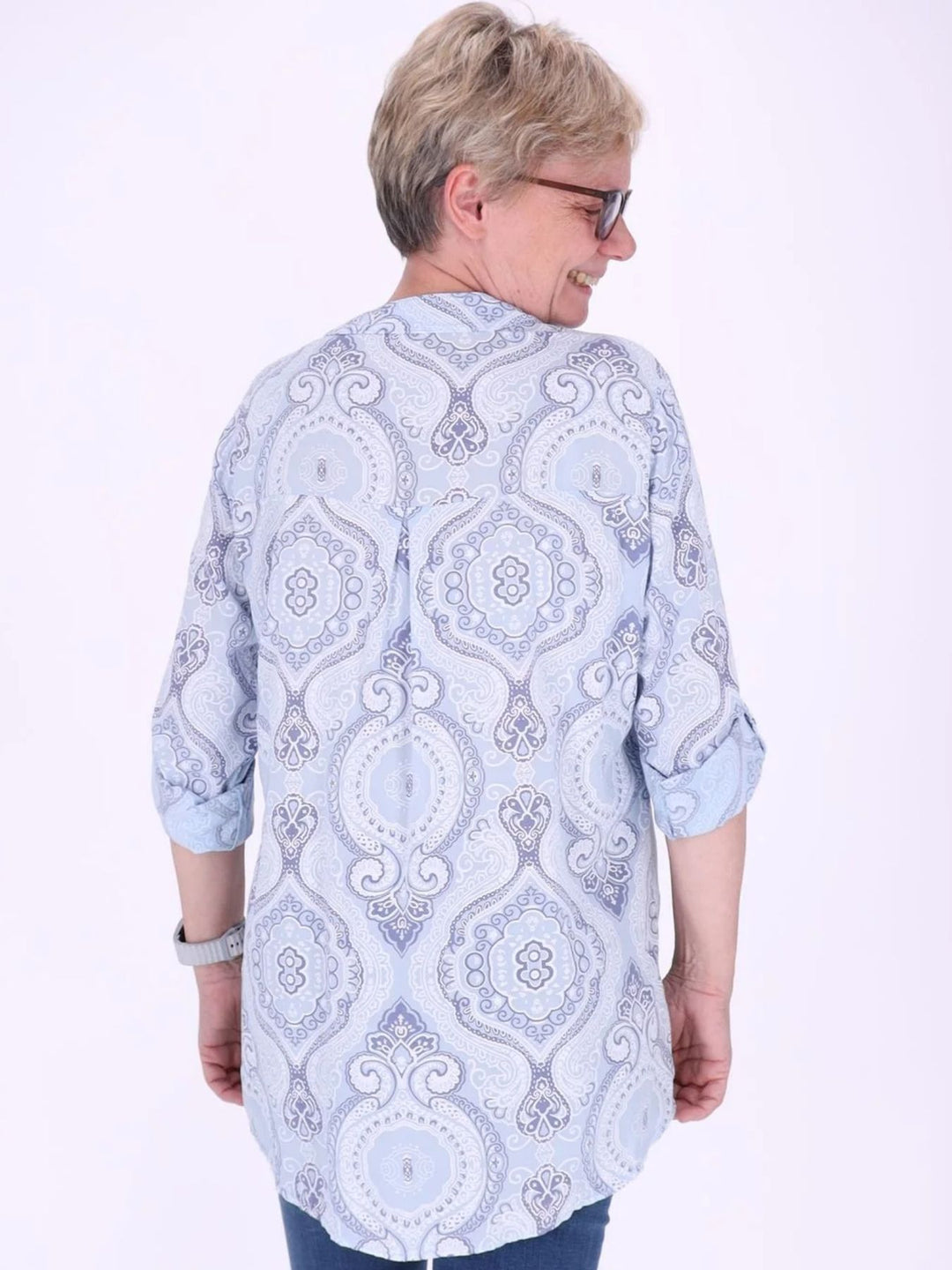 Blaues Damen Blusenshirt mit V-Ausschnitt & Knopfleiste