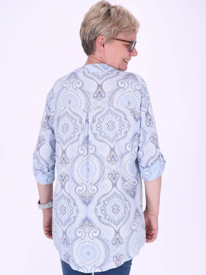 Blaues Damen Blusenshirt mit V-Ausschnitt & Knopfleiste