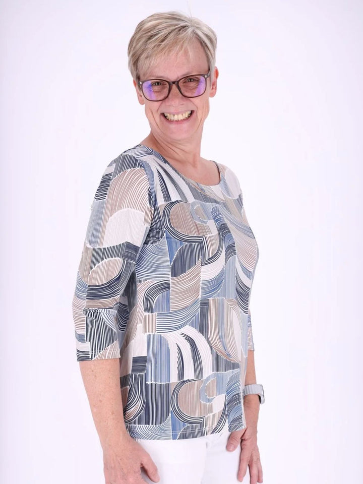 Blaues Damen Shirt mit 3/4-Arm & Allover-Muster