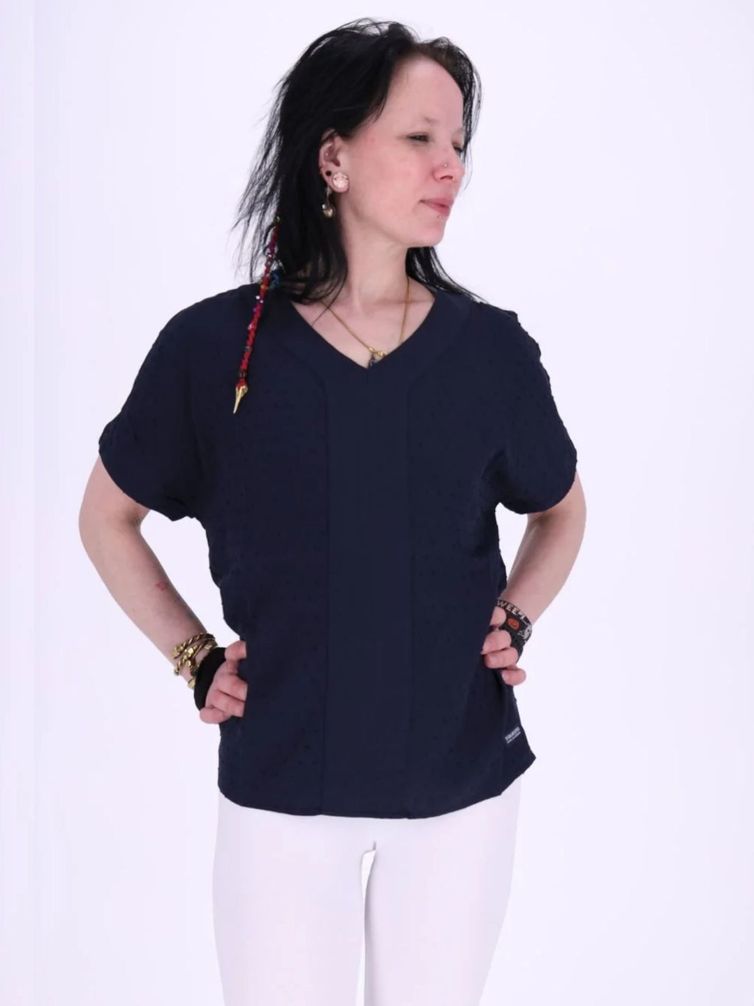 Dunkelblaues Damen Shirt im Blusen-Stil mit Plockmuster