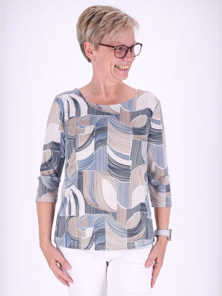 Blaues Damen Shirt mit 3/4-Arm & Allover-Muster