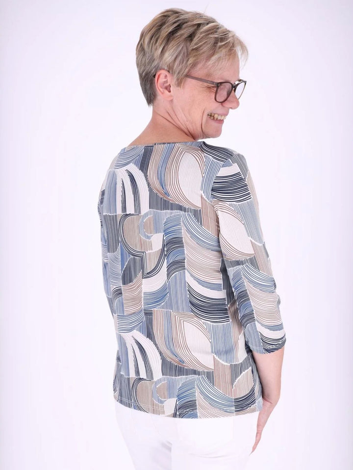 Blaues Damen Shirt mit 3/4-Arm & Allover-Muster