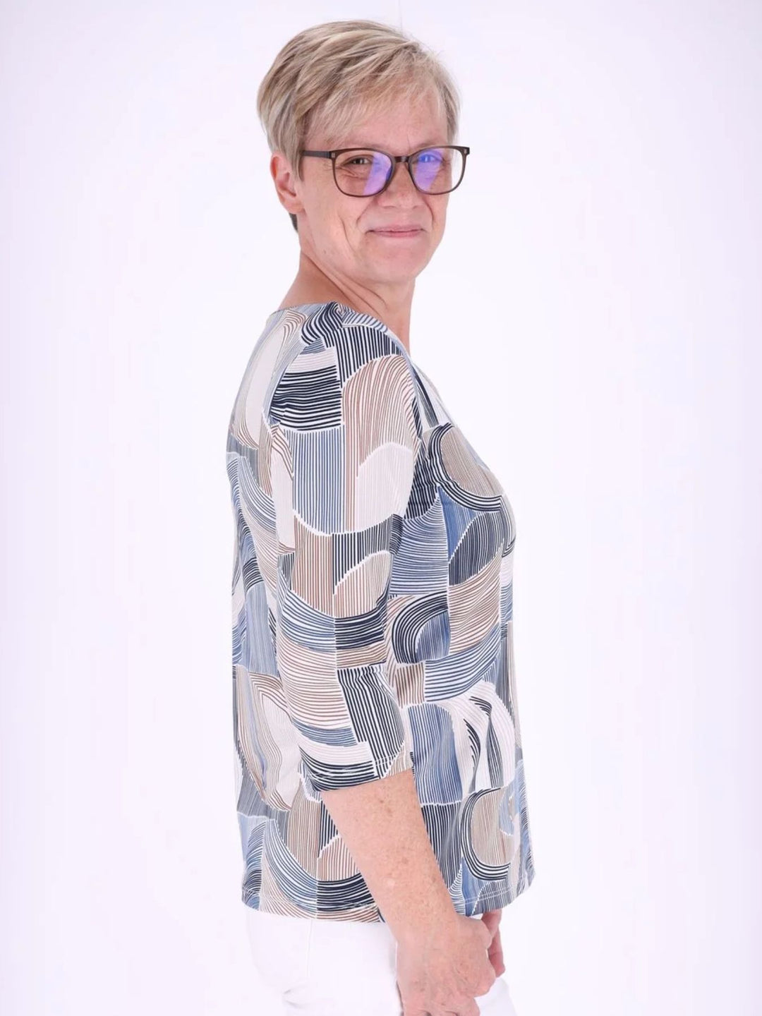 Blaues Damen Shirt mit 3/4-Arm & Allover-Muster