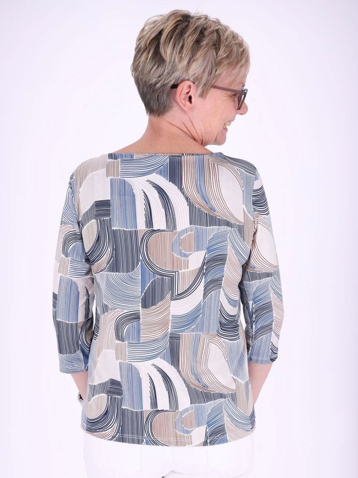 Blaues Damen Shirt mit 3/4-Arm & Allover-Muster