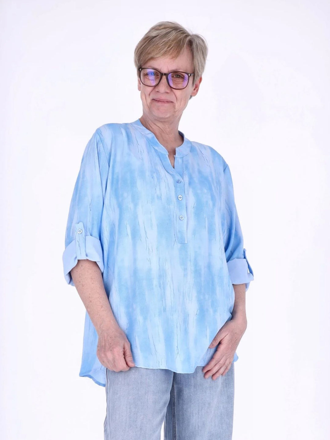 Blaues Damen Blusenshirt mit Allover-Print, Krempelarm & Knopfleiste
