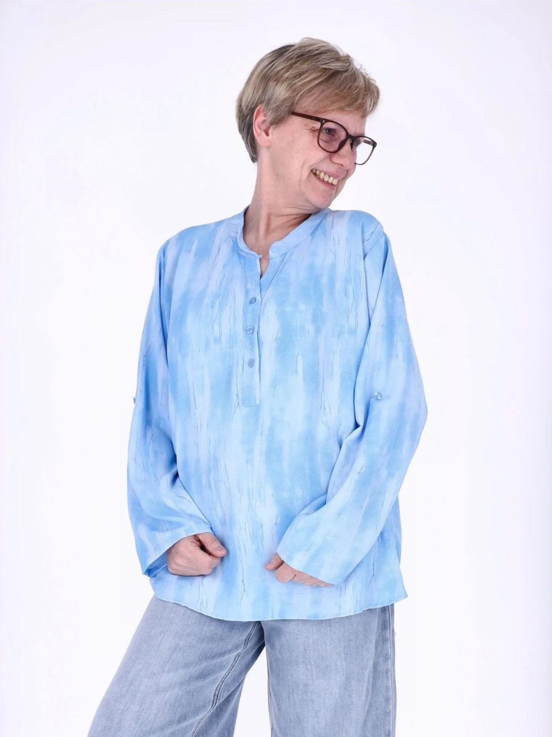 Blaues Damen Blusenshirt mit Allover-Print, Krempelarm & Knopfleiste