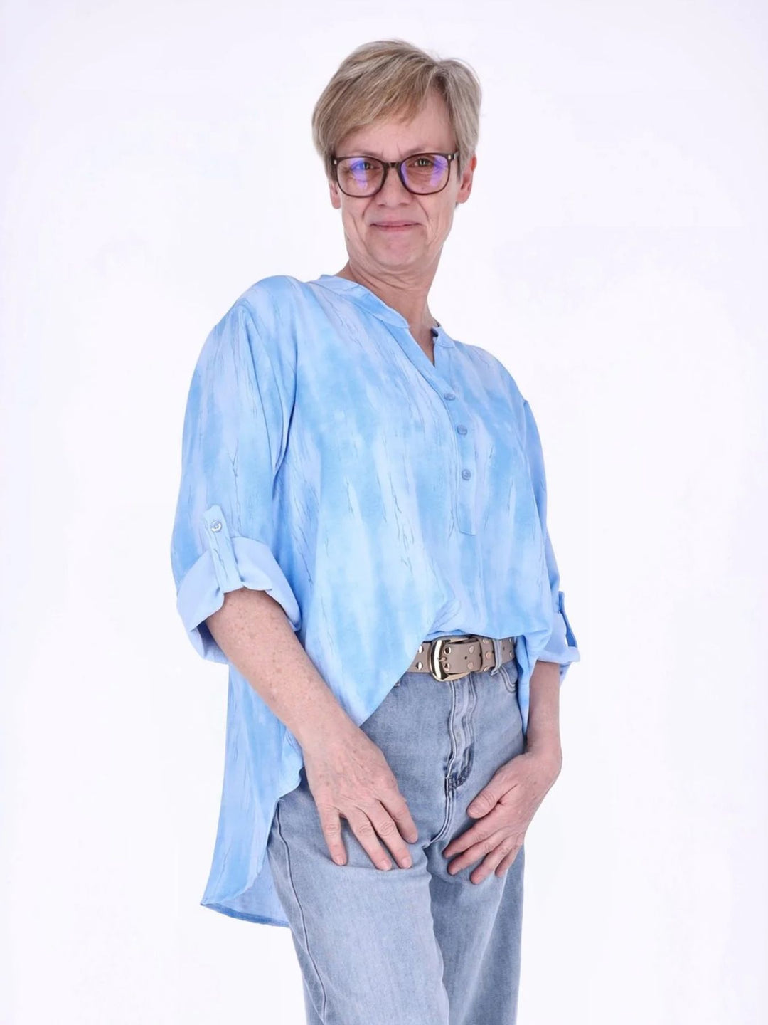 Blaues Damen Blusenshirt mit Allover-Print, Krempelarm & Knopfleiste