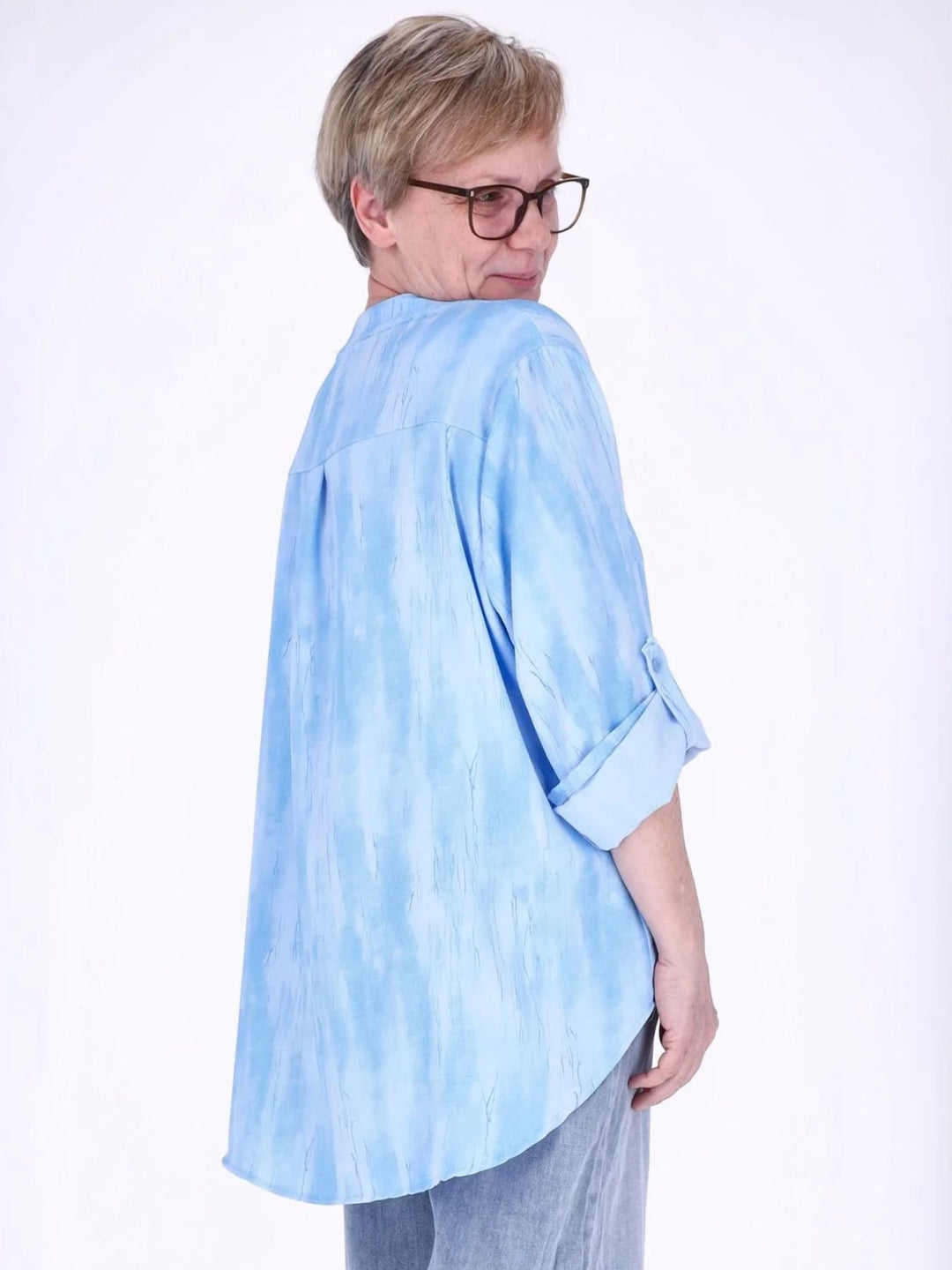 Blaues Damen Blusenshirt mit Allover-Print, Krempelarm & Knopfleiste