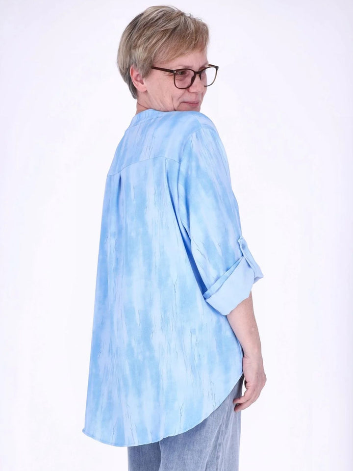 Blaues Damen Blusenshirt mit Allover-Print, Krempelarm & Knopfleiste