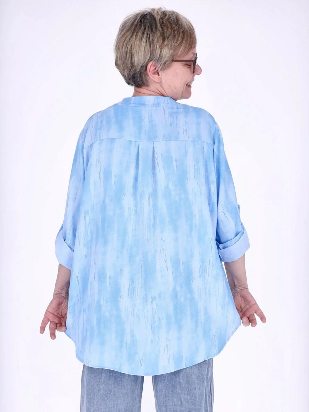 Blaues Damen Blusenshirt mit Allover-Print, Krempelarm & Knopfleiste