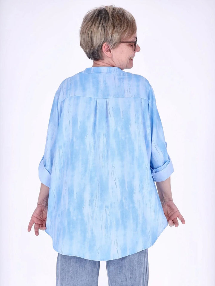 Blaues Damen Blusenshirt mit Allover-Print, Krempelarm & Knopfleiste