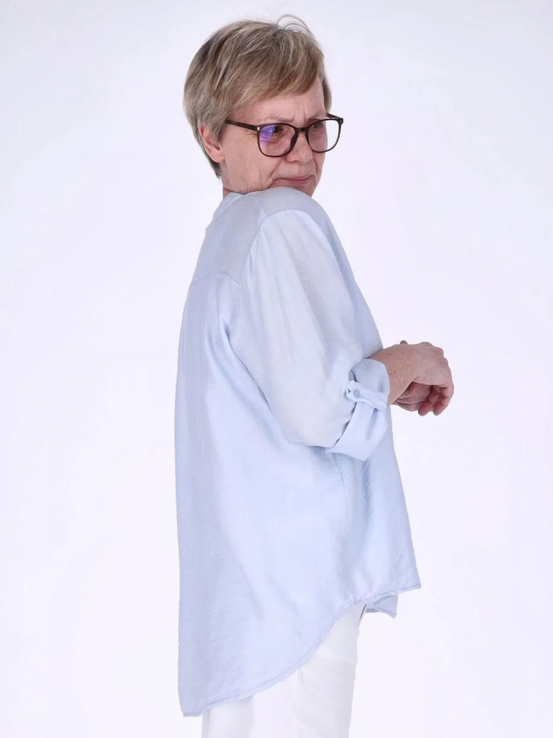 Blaues Damen Blusenshirt aus Viskose mit Krempelarm & Knopfleiste